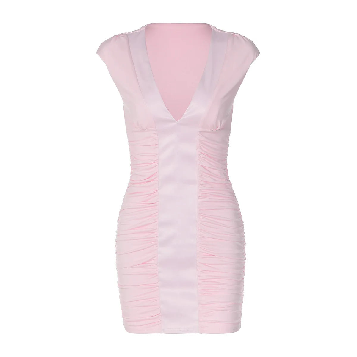 Deep V Neck Mini Dresses Pink Sexy Ruched Bodycon Dress Woman for Birthday Pictures