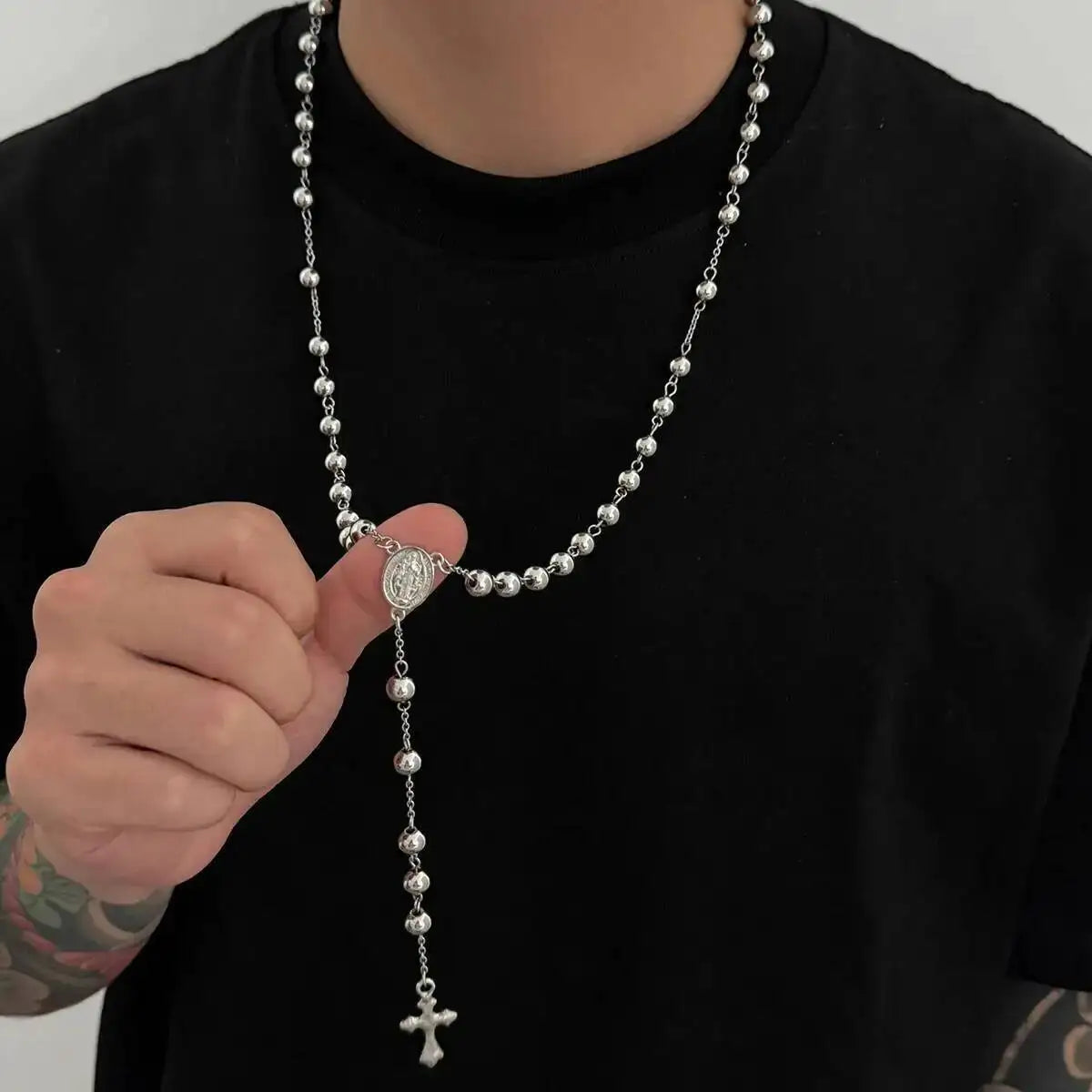 Stainless Steel Jesus Cross Pendant Necklace for Men, Long Chain, Bead Chain, Punk Jewelry, Christian, Hip Hop, 3 Styles