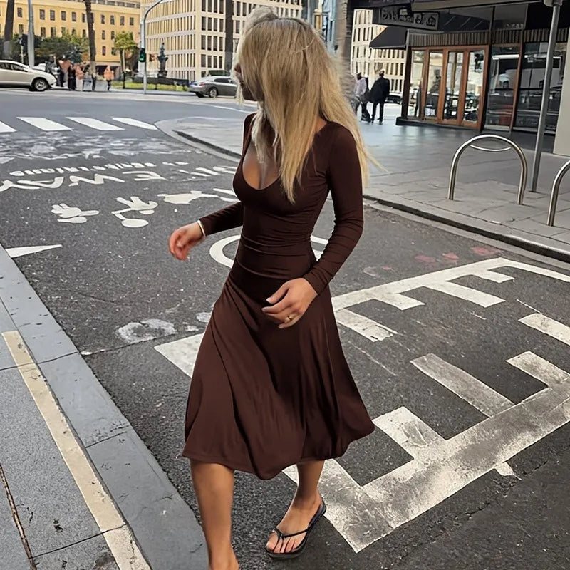 Elegant Brown V Neck Long Sleeve Midi Dress Fall 2026 Women's Casual Dresses