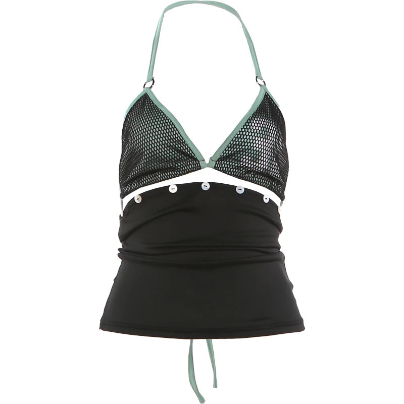 Sexy Two Tops Women Metal Ring Halter Number Print Mesh Bras+Buttons Decoration Tank Tops Hip-Hop Style Streetwear