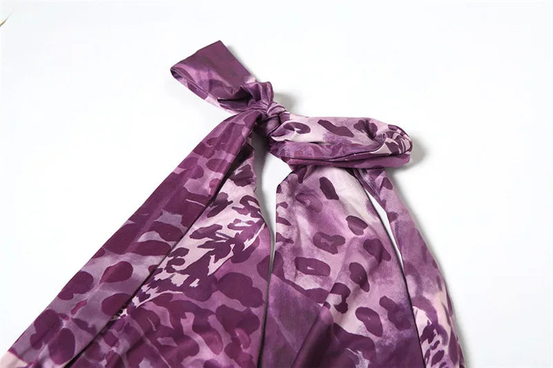 Purple Leopard Print Deep V Backless Split Long Dresses Sexy Elegant Beach Party Dresses Woman Resort Wear