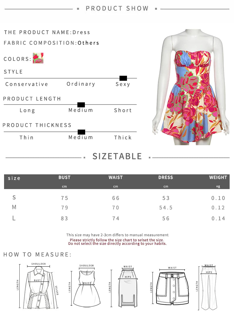 Colorful Print Strapless Dress Women Sexy Off Shoulder Backless Ruched Ruffles Vacation Y2K Sweet Style Mini Bodycon
