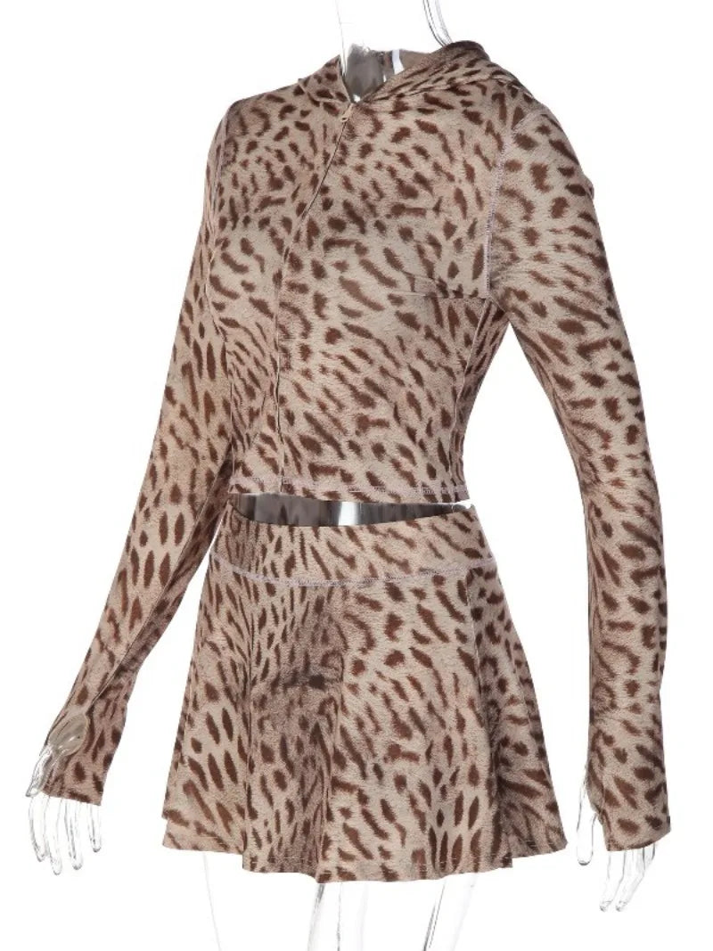 Leopard Print Long Sleeve 2 Piece Set Zip-up Hooded Crop Top and Mini Skirt Fall Outfits Womens Matching Sets