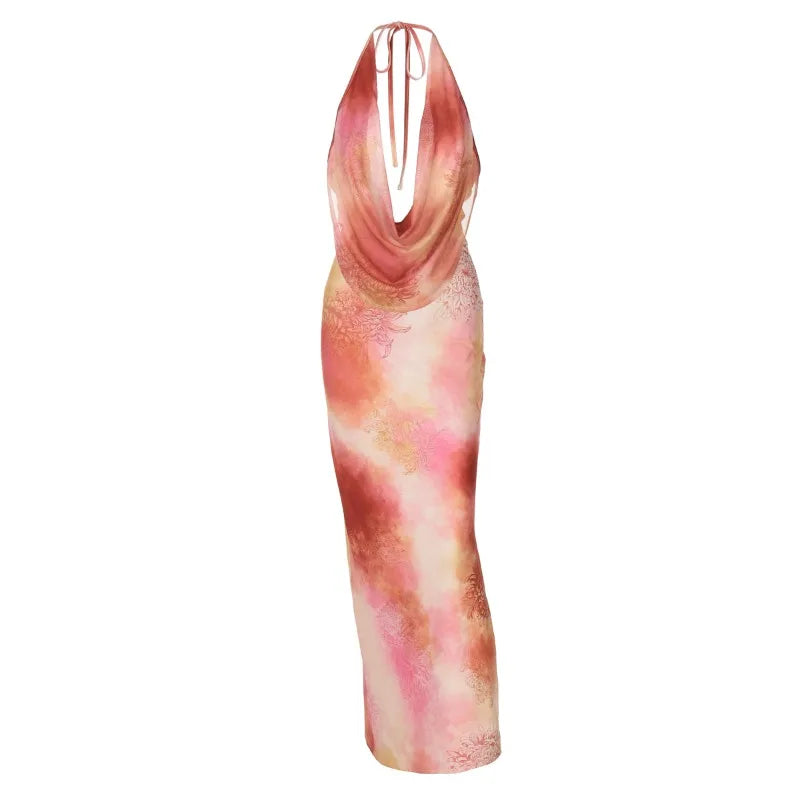 Sexy Printed Halter Backless Split Long Dresses Vacation Outfits for Womens Summer Beach Dress