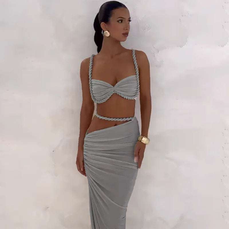 2 Piece Set Twisted Hollowed Out Crop Top and Long Skirt Vacation Outfits Women 2025 Summer Beach Party Dress