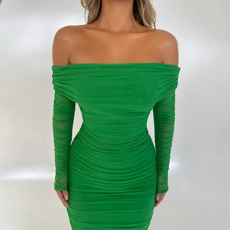 Off Shoulder Backless Ruched Long Dresses Sexy Elegant Mesh Evening Party Dresses Women Clothing