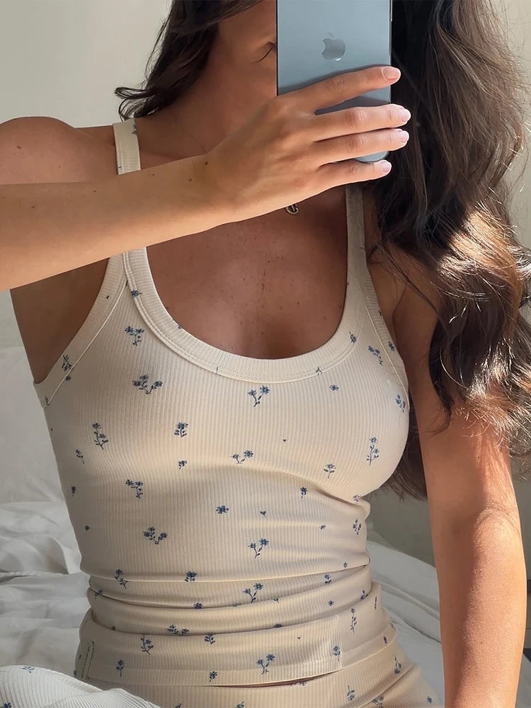 Casual Ribbed 2 Piece Set Women Flower Print Squard Collar Tops+Straight Pants Matching Daily Simple Elegant Suits