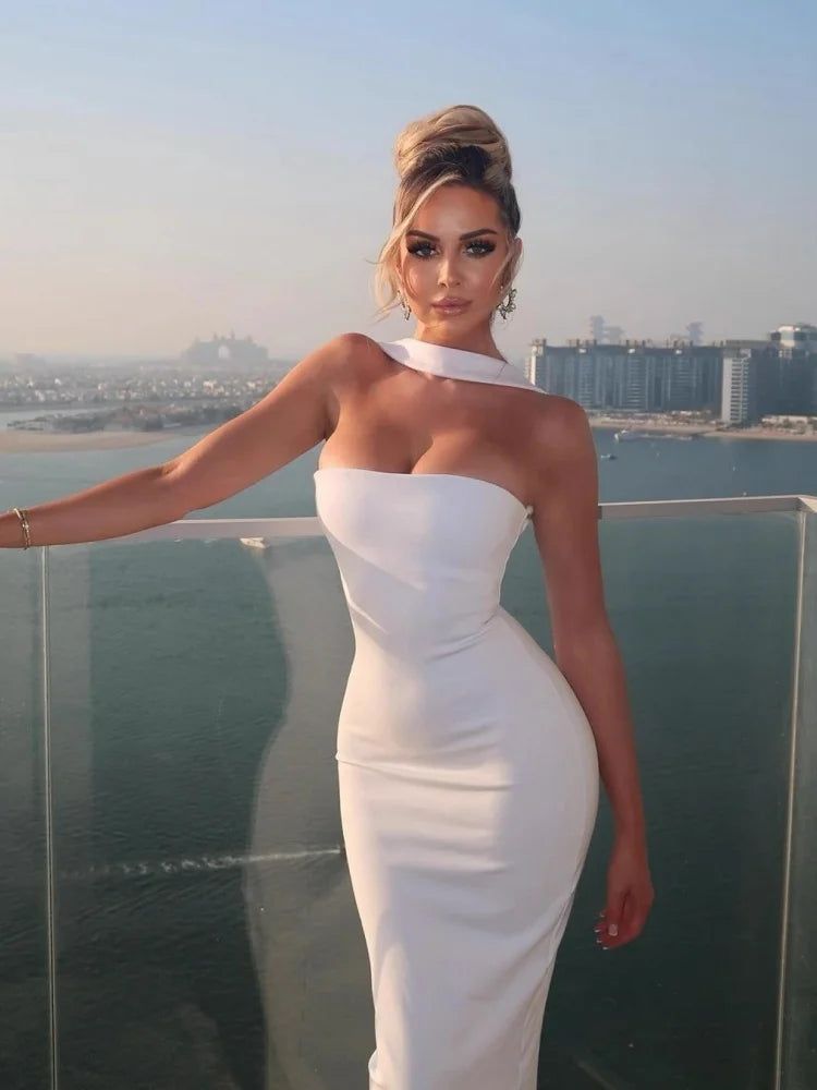 Halter Backless Split Long Dresses French Style Elegant Beautiful Ladies Dress White Black Red