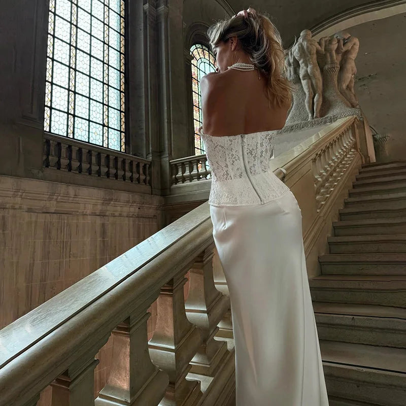 Elegant Two Piece Sets for Women Lace Corset Top and Satin Maxi Skirt White Party Outfits Summer 2025