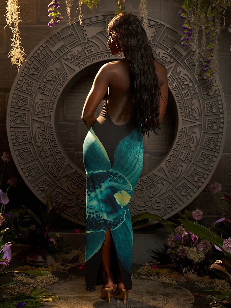 Orchid Print Women Halter Dress Sexy Y2K Sleeveless Backless Bandage Behind Splits Elegant Midnight Clubwear Vestidos