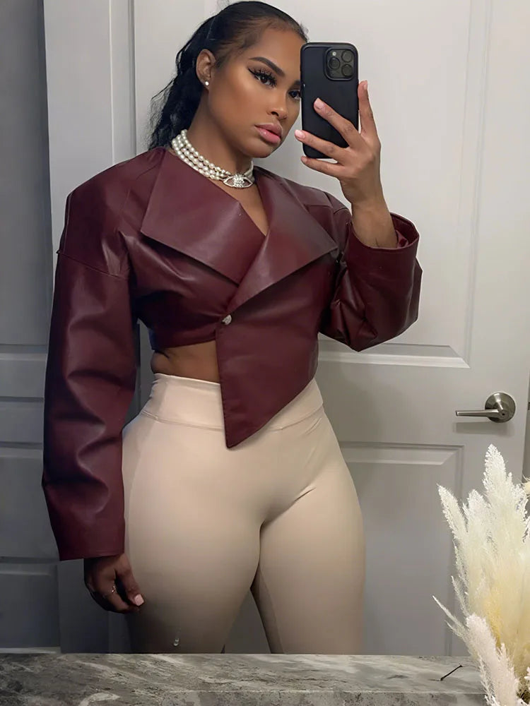 Single Button Crop Jacket Women Hipster Irregular Faux Leather Fall Trend Wild Basic Sexy Cross Neck Streetwear Coat