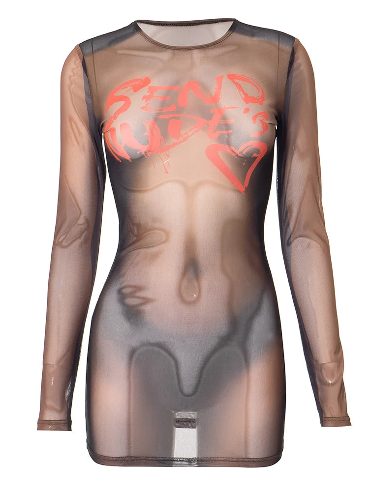 Sexy Letter Print Women Dress See Through Thin Long Sleeve o-Neck Hipster Skinny Slim Midnight Clubwear Mini Bodycon