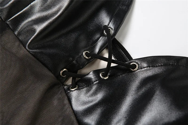 Leather Mesh Patchwork Black Long Party Dress Woman Elegant Sexy Sleeveless Fishtail Maxi Dresses