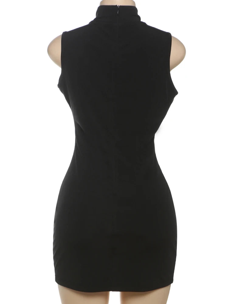 Metal Buckle Dress Women Hollow Sleeveless Tight Sexy Summer Fashion Hipster Midnight Party Clubwear Solid Bodycon