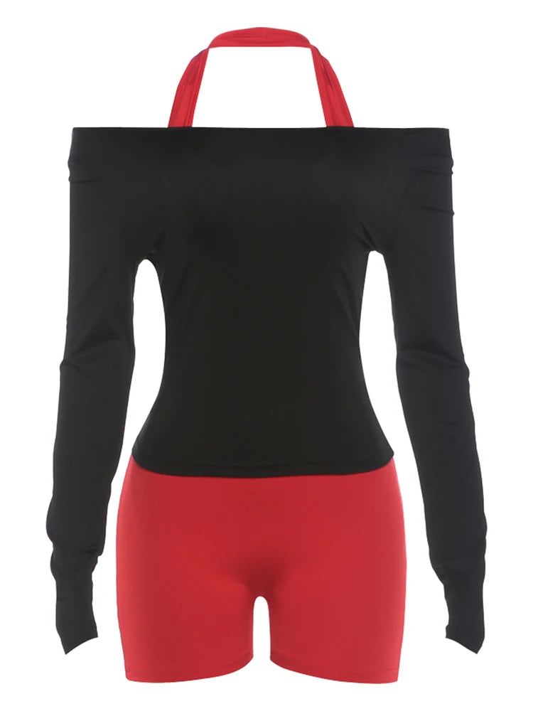 Color-Blocking Match 2 Piece Set Woman Slash Neck Full Sleeve T-Shirts+Halter Backless Skinny Peach Hip Rompers Suits