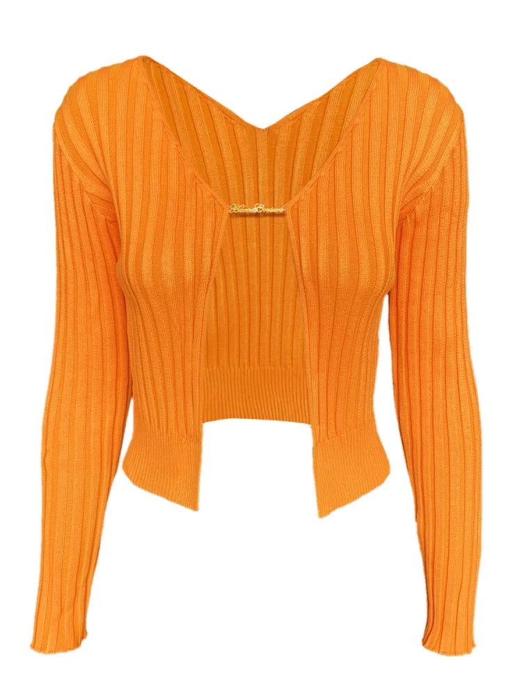 Sexy Solid Knitted Cardigan Sweater Women Y2k Gold Metal Single Button Deep V Neck Long Sleeve Crop Tops