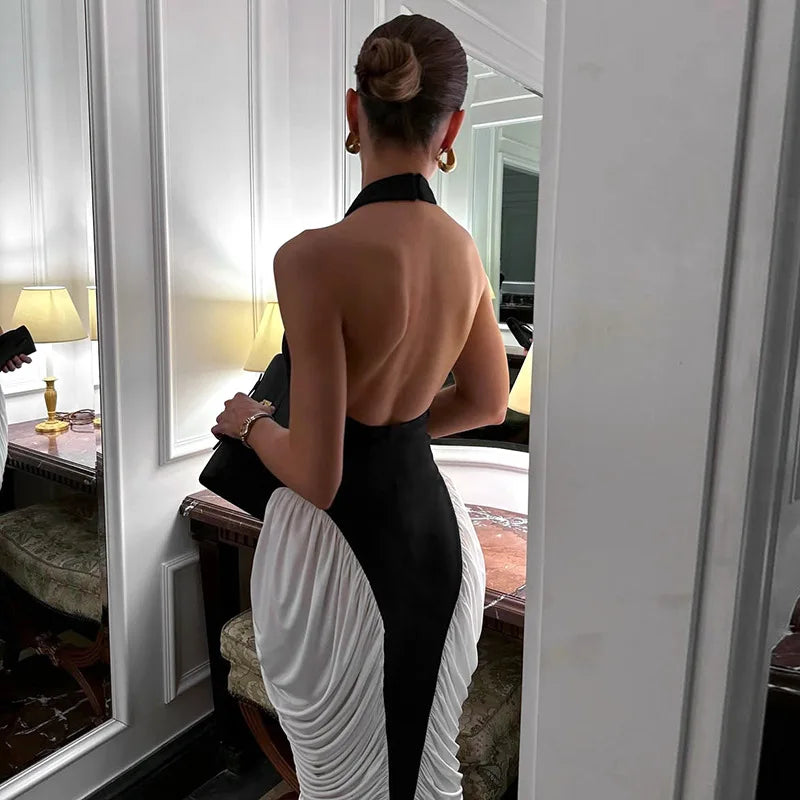 Halter Sleeveless Backless Ruched Midi Dress Black and White Patchwork Woman Clothes Sexy Elegant Party Dress