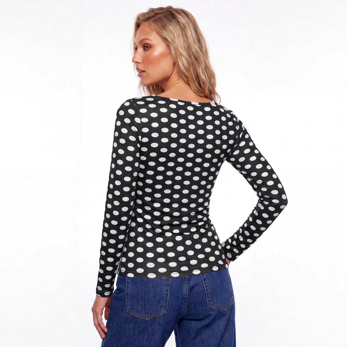 Women Square Neck Polka Dot Print Long Sleeve Top Slim Fit Stretchy Y2K Vintage Casual Basic Tee Blouse Daily Wear