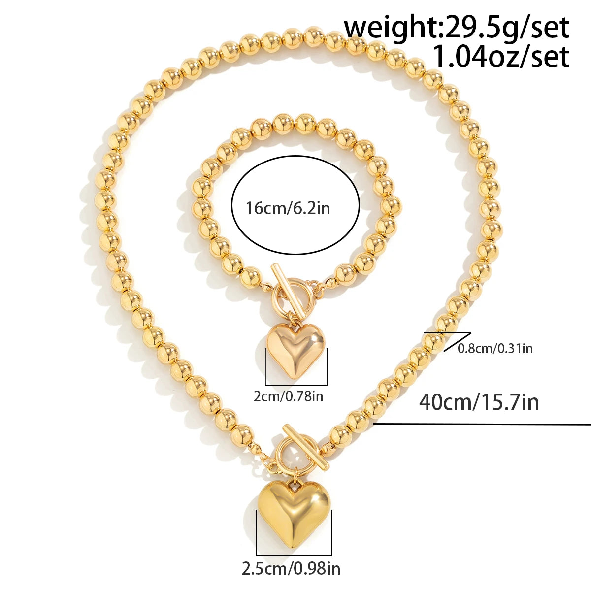 2Pcs Creative Punk Big Love Heart OT Buckle Pendant Choker Necklace Women Vintage CCB Beads Chain Bracelets Grunge Jewelry Set