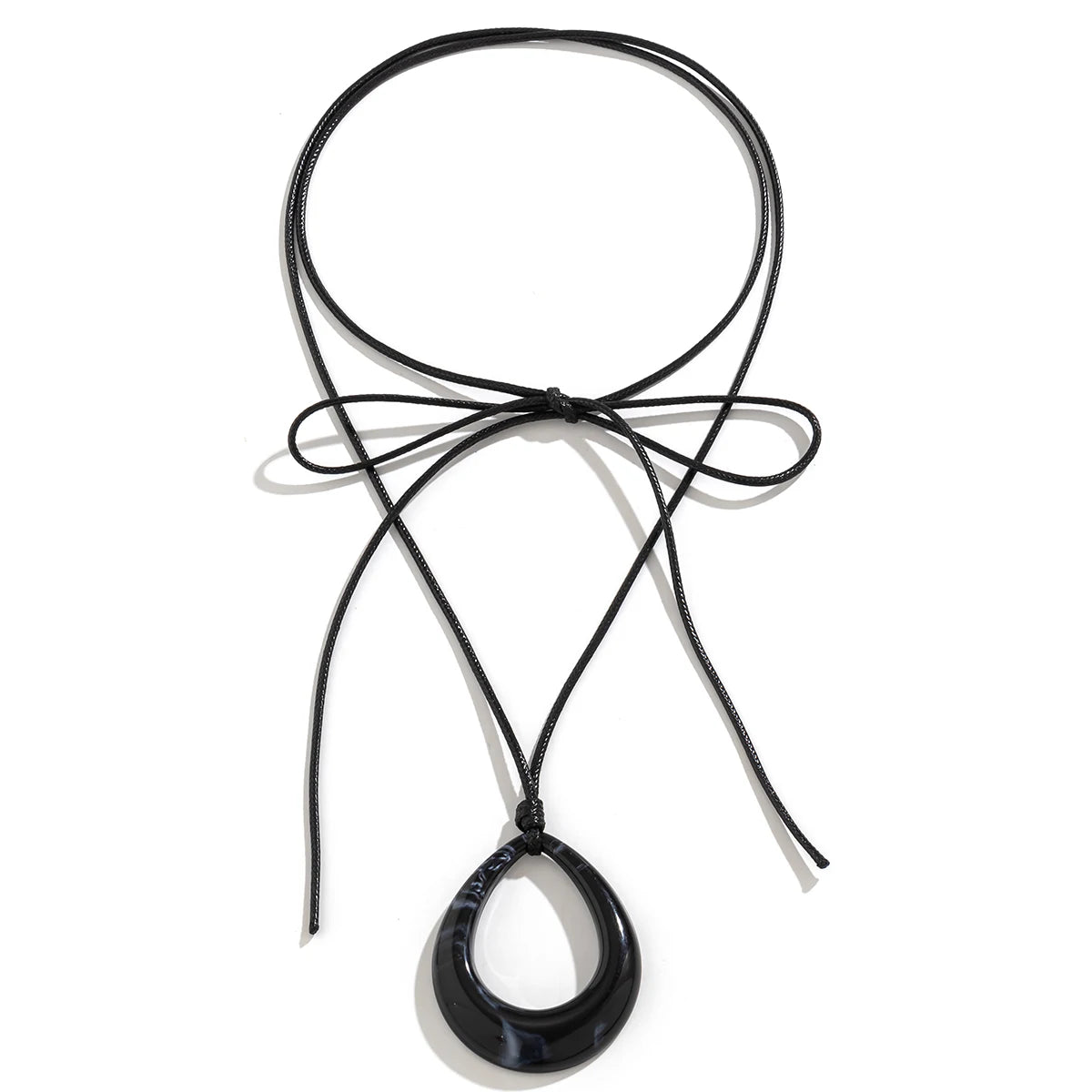 Vintage Hollow Out Big Water Drop Pendant Necklace For Women Personality Black Leather Wax Thread Rope Choker Jewelry