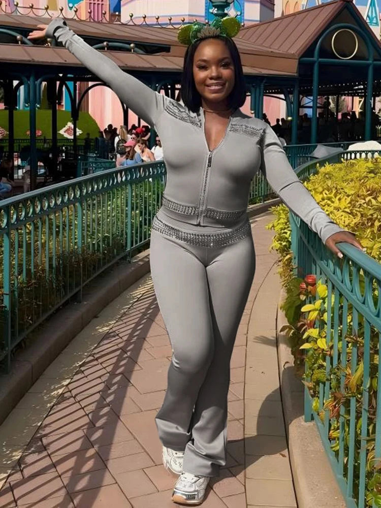 Sporty Style Rhinestone 2 Piece Set Woman Zip Stand Collar Cardigan Jacket+Elastic Waist Flare Pants Fashion Streetwear