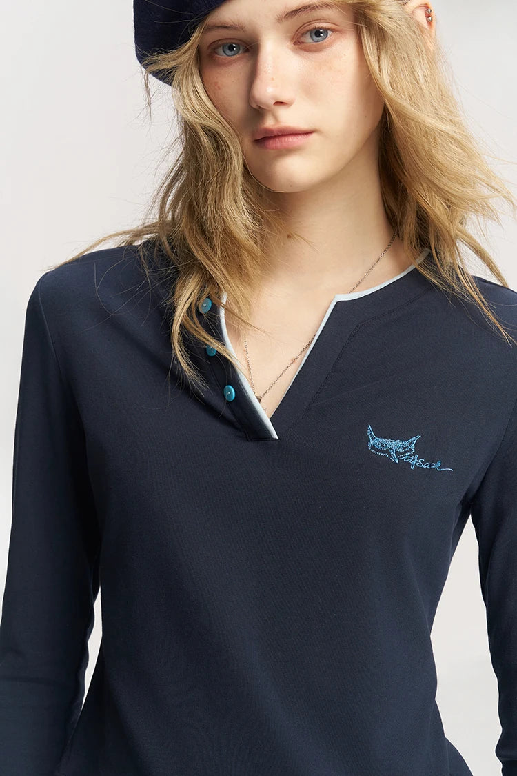 Women's Henley Ringer T-Shirt with Contrast Trim, Long Sleeve Casual Slim Top for Everyday Wear
