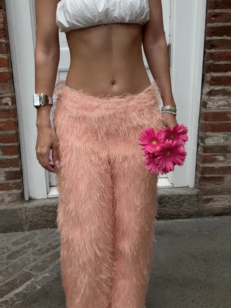 Furry Casual Straight Pants Women Y2K Simple Autumn Trend Basic Wild Streetwear Sweatpants Skinny Hipster Trousers