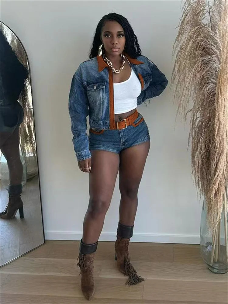 Denim Hipster 2piece Set Woman Pocket Zip Polo-Neck Crop Jacket+Skinny Shorts Street Vintage Casual Matching Outfits