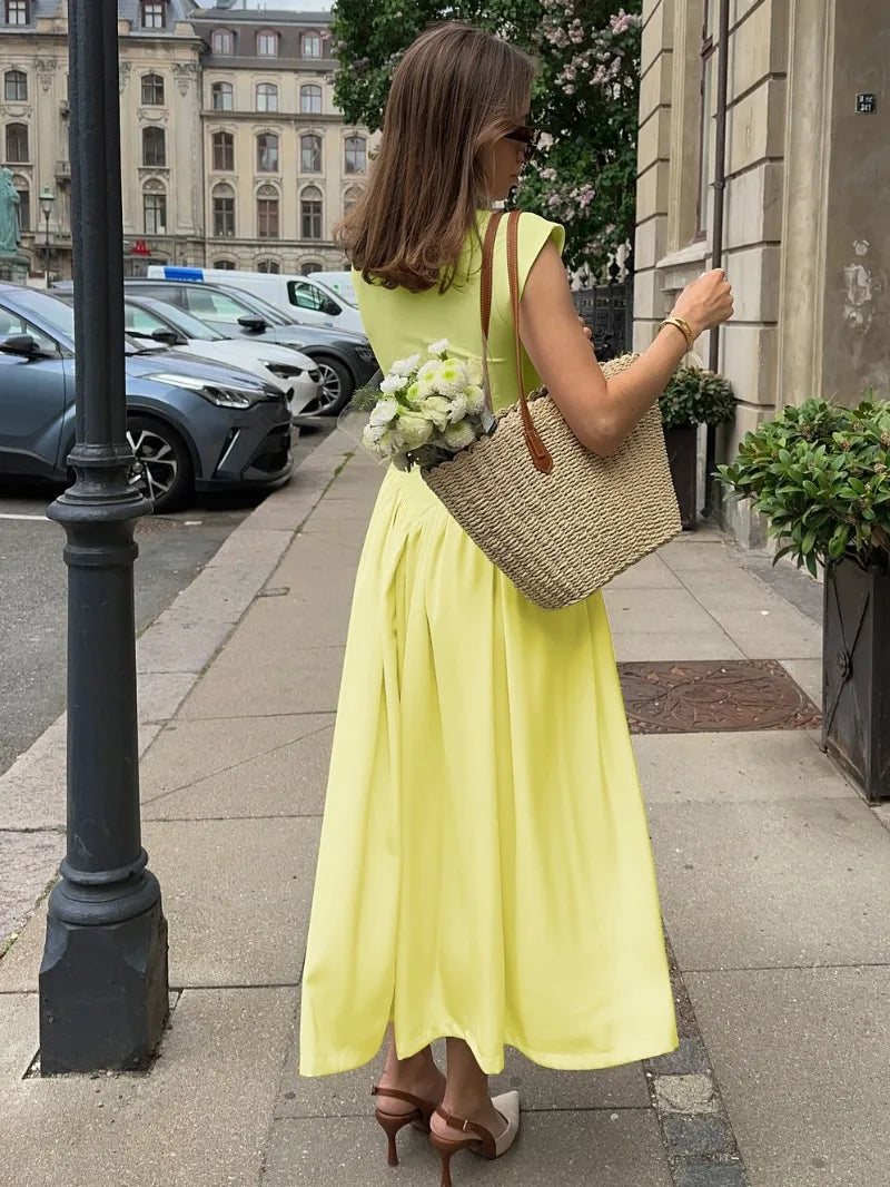 Elegant Fashion Sleeveless Long Dresses for Summer Casual Loose Yellow Dress French Style Woman Clothes