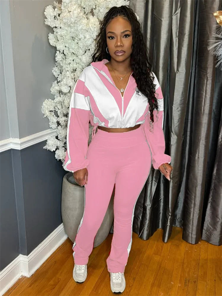 Contrast Patchwork Tracksuit 2 Piece Set Women Zipper Cardigan Jacket+Skinny Pants Casual Fashion Simple Sporty Suit