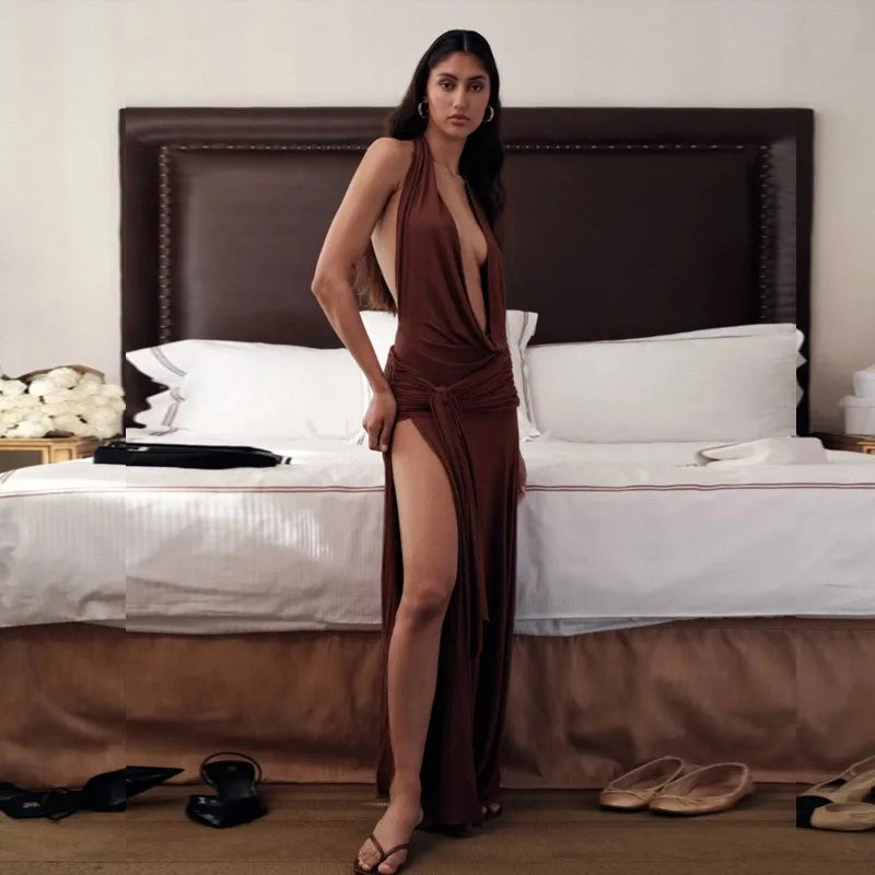 Deep V Neck Backless Split Maxi Dress Sexy Summer Brown Long Dresses Women Beach Vacation Outfits