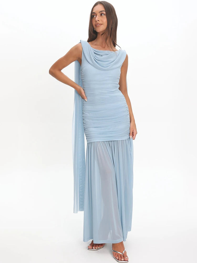 Women Draped Cowl Neck Mesh Maxi Dress Sleeveless Ruched Bodycon Long Dress Side Split Flowy Party Evening Long Dresses