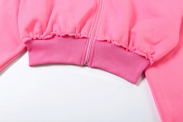 Casual 2Piece Set Women Tracksuit Sporty Zip Patchwork Hooded Crop Jacket+Straight Pants Matching Streetwear Outfits