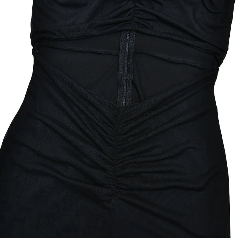 Cut Out Ruched Maxi Dress Mesh Patchwork Sheer Black Elegant Dresses Birthday Party Outfits for Woman