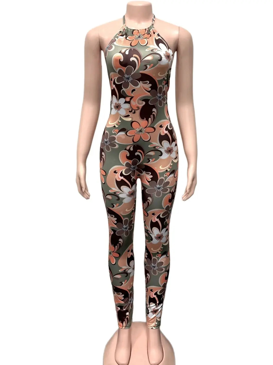Backless Halter Jumpsuit Women Sexy Colorful Flowers Print Sleeveless Summer Trend Skinny Hottie Streetwear Overalls