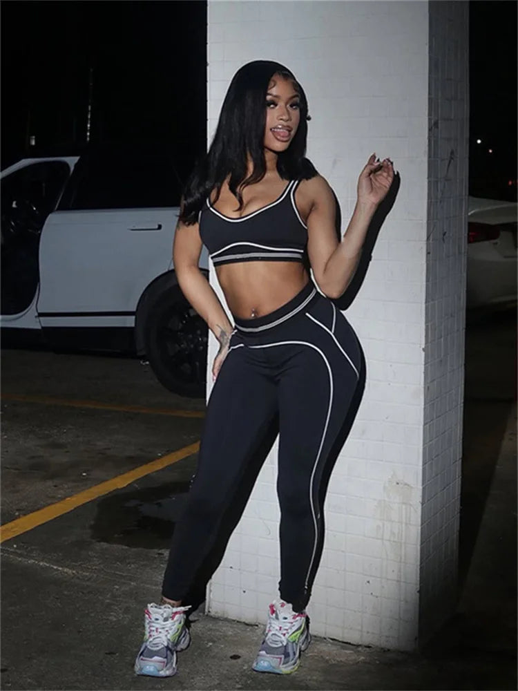 Casual Sporty 2 Piece Set Women Tracksuit Patchwork Stretch Tank Top+Leggings Stripe Matching Street Skinny Outfits