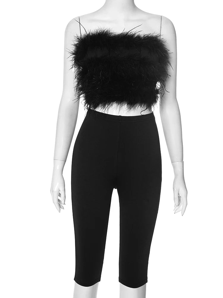 Furry Women 2 Piece Set Women Hipster Feather Strapless Tops+Bike Shorts Matching Hipster Summer Midnight Clubwear