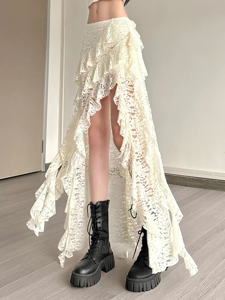 Tassels Women Skirts Chic Irregular Hem Multi-Layered Ruffles Lace Patchwork Summer Trend Skinny Versatile Bottoms