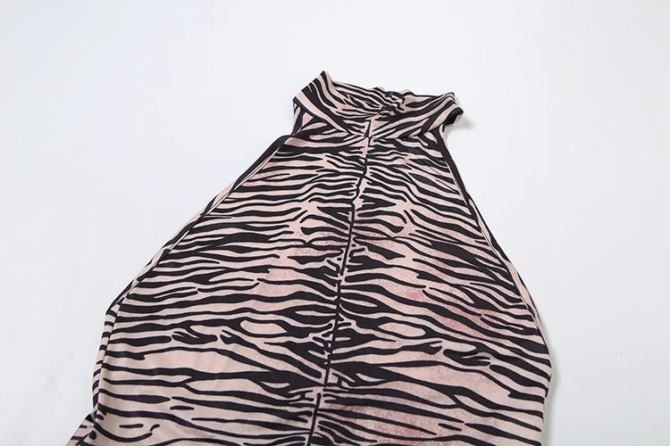 Tiger Stripes Dress Women Y2K Tight Stretch Summer Backless Split Sleeveless Sexy Midnight Clubwear Party Vestidos