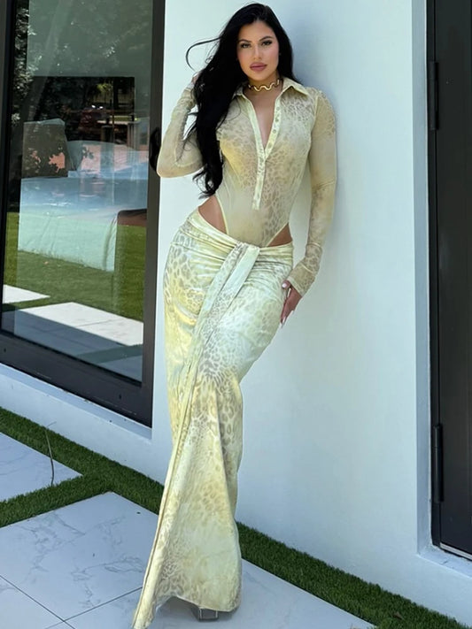 Leopard Print 2 Piece Set Women Sexy Y2K See Through Bodysuit+Ruched Ribbon Thick Skirts Matching Vacation Clubwear