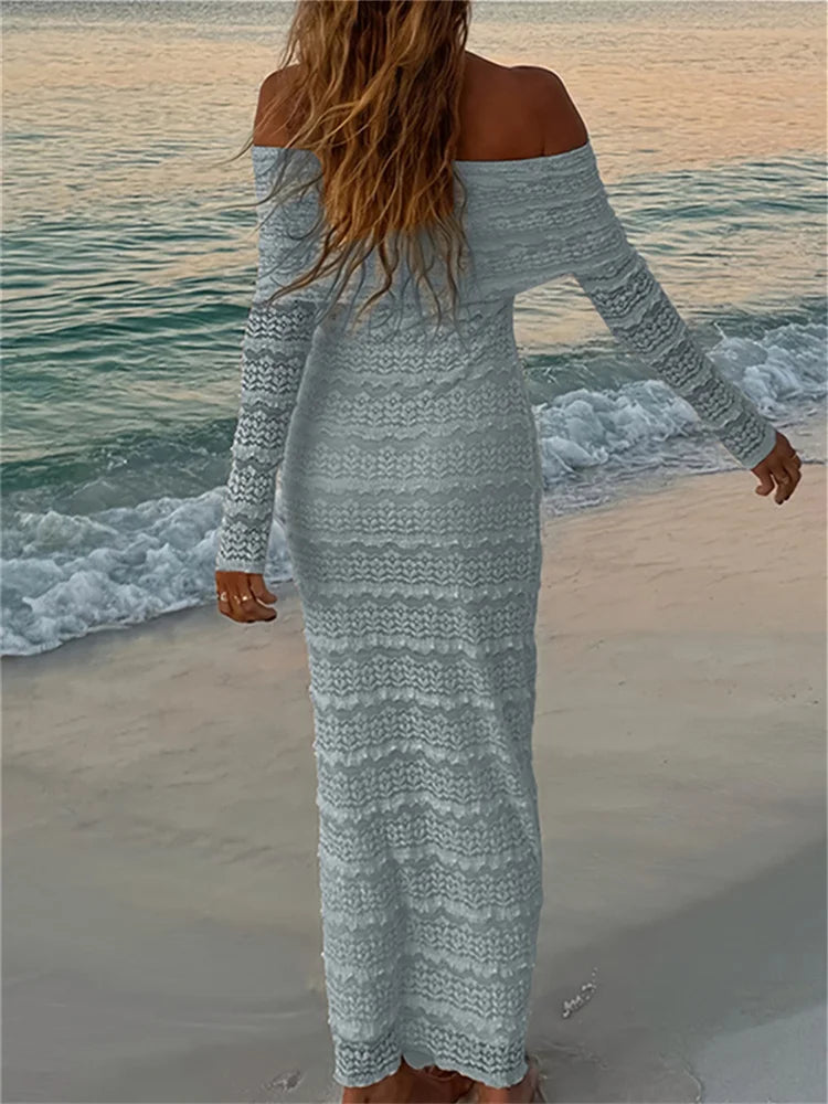 Sexy Through Maxi Dress Women Neck Backless Lapel Slash Full Sleeve See Vacation Beach Party Elegant Skinny Vestidos