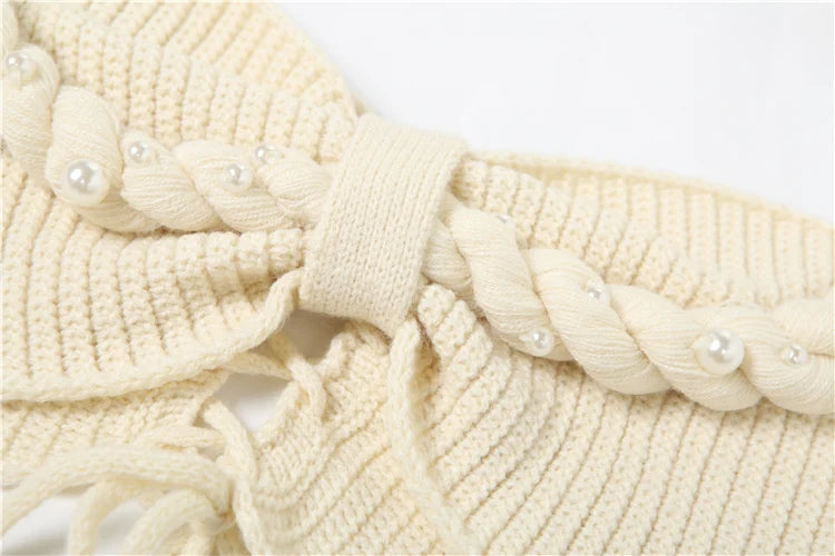 Crochet Women 2 Piece Set Y2K Chic Sexy Pearl Plait Halter Camisole+Zip Peach Hip Skirts Matching Vacation Clubwear