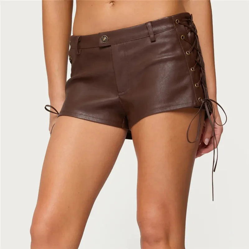 American Retro Motorcycle Style Faux Leather Low Rise Shorts Lace-Up Side Detail Mini Hot Pants Gothic Punk Streetwear