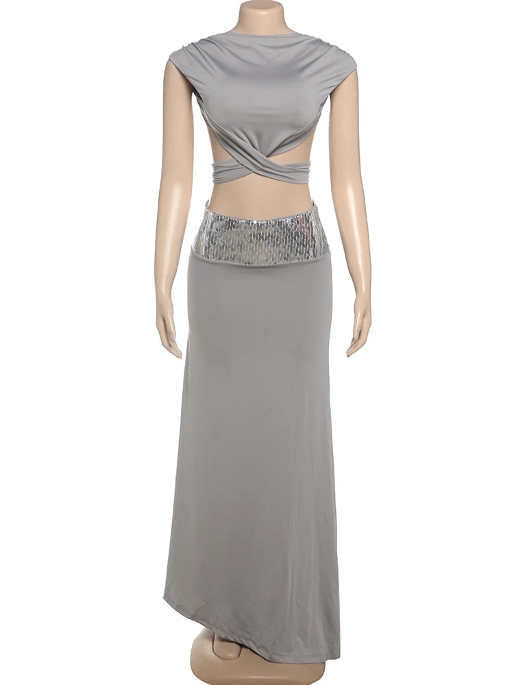 Sexy Y2K Elegant 2 Piece Set Women Summer Backless Cross Bandage Tank Top+Widewaist Sequins Long Skirts Matching Suit