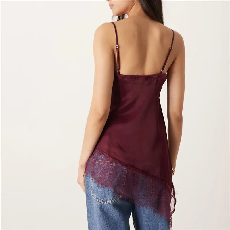Womens Satin Camisole Tops Stylish Solid Color Lace Trimmed Asymmetric Cut Sleeveless Spaghetti Strap Vest Summer Street