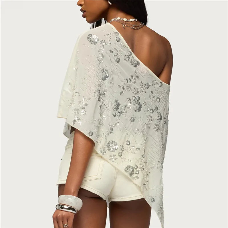Y2K Sequin Floral One Shoulder Asymmetric Sheer Poncho Top for Women Flowy Batwing Sleeve Semi Sheer Cover Up Shawl Wrap