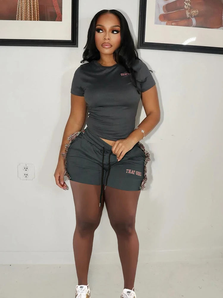 Letter Embroidery Women Casual 2 Piece Set Tracksuit Shorts Sleeve Crop Tops+Side Tassel Shorts Sporty Matching Suits