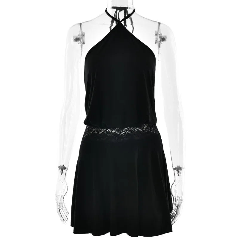 Lace Spliced Backless Halter Mini Dresses Sexy Club Dress Women Summer Clothes