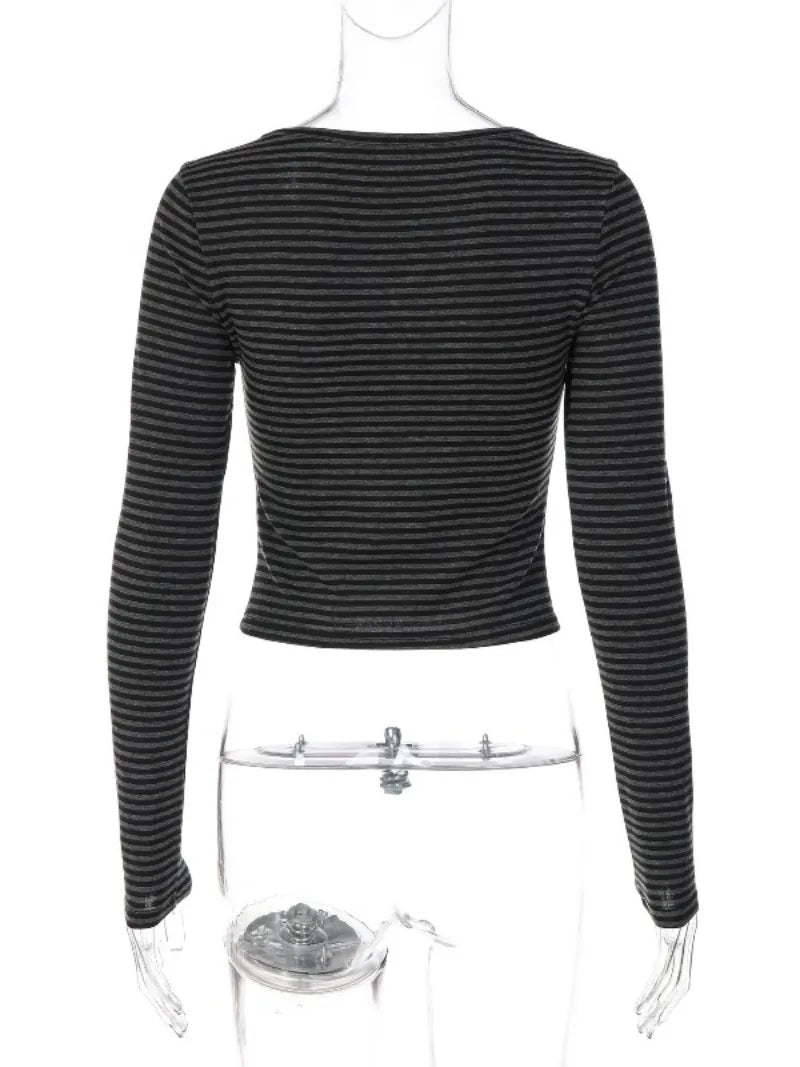 Dark Gray Striped Crop Tops Long Sleeve Fitted T Shirts Fashion 2026 Woman Fall Clothes