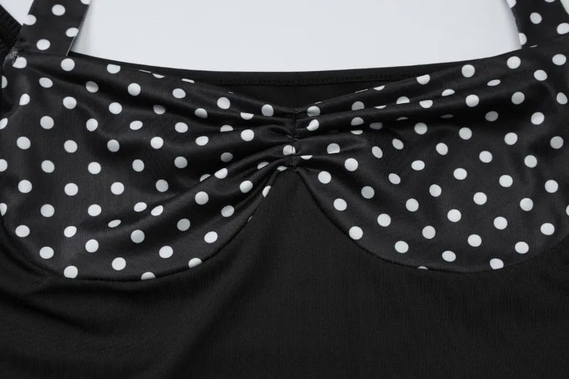 Polka Dot Splicing Black T Shirts French Vintage Halter Backless Short Sleeve Crop Tops Women Summer Clothes